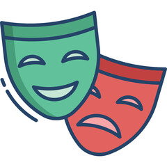 Comedy And Tragedy Theater Masks Symbolizing Joy And Sadness In A Flat Icon Design With A Transparent Background And Dark Blue Outline