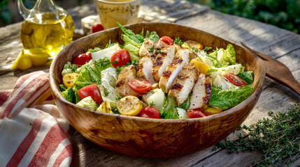 Fresh grilled chicken salad in wooden bowl outdoors