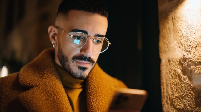 Urban connectivity: stylish young man engaged with technology in the city. Real moment. Handsome young man in casuals engaging with his smartphone in the city. Simple life. Genuine view.