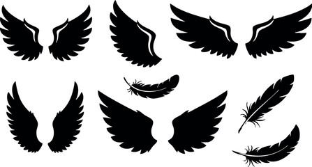 Obraz premium Black wing silhouettes and feathers vector illustration set with various shapes and styles