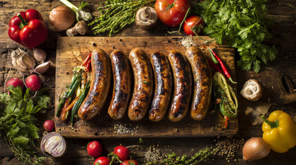 Grilled sausages and vegetables on rustic wooden cutting board