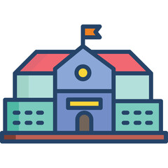 Colorful School Building With Flag On Top And Windows On Facade With Green Wings On Each Side Illuminated By Bright Light On A Clear Day