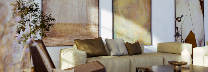 Large luxury modern bright interiors Living room mockup illustration 3D rendering image