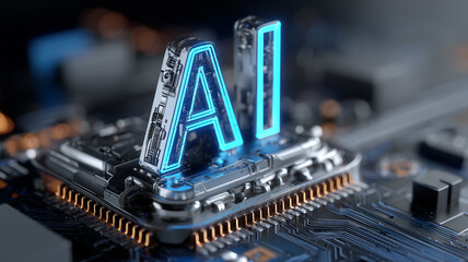 AI letters on a microchip illustrating artificial intelligence computing, advanced algorithms, and machine learning innovation.
