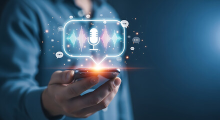 Man holding smartphone with a microphone and sound wave digital graphic interface above it, symbolizing voice assistant or podcasting.
