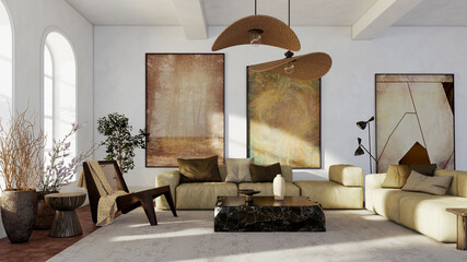 Naklejka premium Large luxury modern bright interiors Living room mockup illustration 3D rendering image