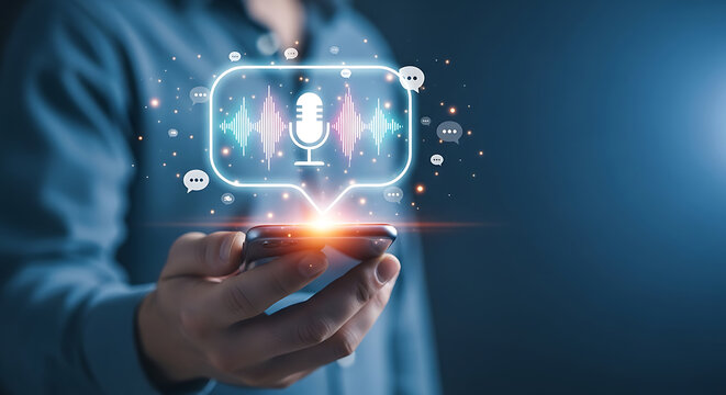 Man holding smartphone with a microphone and sound wave digital graphic interface above it, symbolizing voice assistant or podcasting. - Powered by Adobe