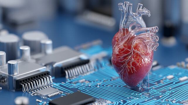 Anatomical heart on electronic board illustrating health technology, biomedical engineering, and the interface between biology and computing.
