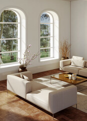 Fototapeta premium Large luxury modern bright interiors Living room mockup illustration 3D rendering image