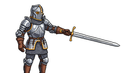 Fototapeta premium Medieval Knight in Full Metal Armor Holding a Sword Ready for Battle Isolated on Transparent Background