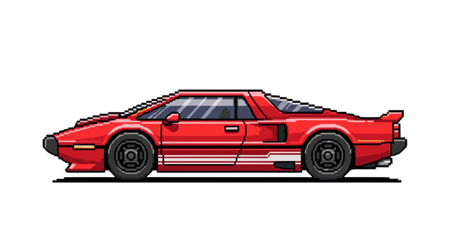 Retro Red Sports Car 80s Pixel Art Style Fast Vehicle Isolated Transparent Background