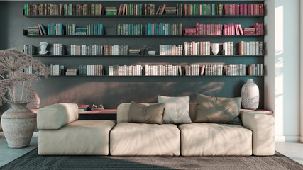 Fototapeta premium Large luxury modern bright interiors Living room mockup illustration 3D rendering image