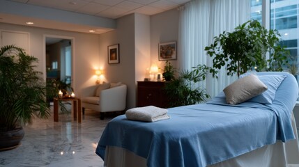 An inviting spa room adorned with plants and soothing lighting, creating a calm atmosphere perfect for relaxation and rejuvenation, ready for a treatment session.