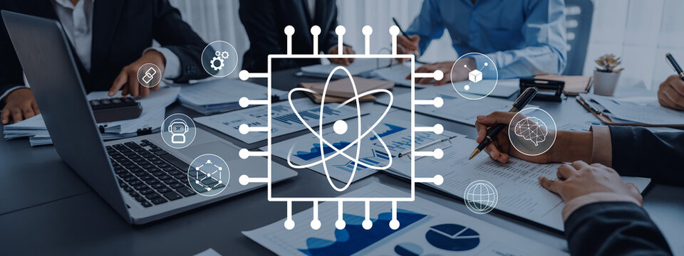 A modern business meeting showcasing technology and data visualization, featuring atomic design elements and a collaborative team engaged in strategic discussions. Trope