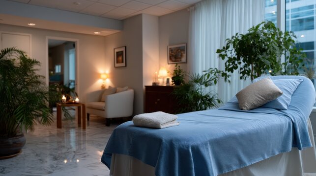 An inviting spa room adorned with plants and soothing lighting, creating a calm atmosphere perfect for relaxation and rejuvenation, ready for a treatment session.