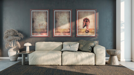 Fototapeta premium Large luxury modern bright interiors Living room mockup illustration 3D rendering image