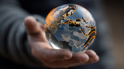 Hand presenting a digital globe with network routes, illustrating global connectivity, data exchange and shared responsibility
