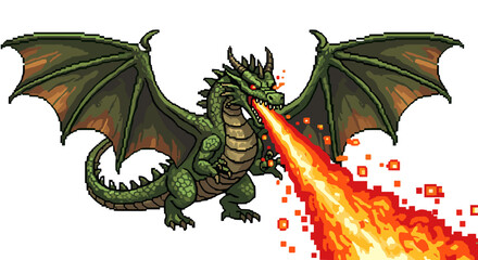 Pixel Art Green Dragon Breathing Fire Fierce Magical Creature Isolated on Transparent Background