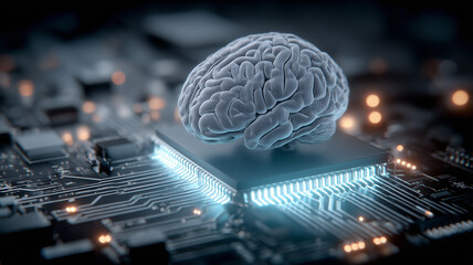 Realistic brain model on processor, symbolizing neurotechnology, computational thinking, and high performance systems enabling data analysis, inference, and professional decision support.
