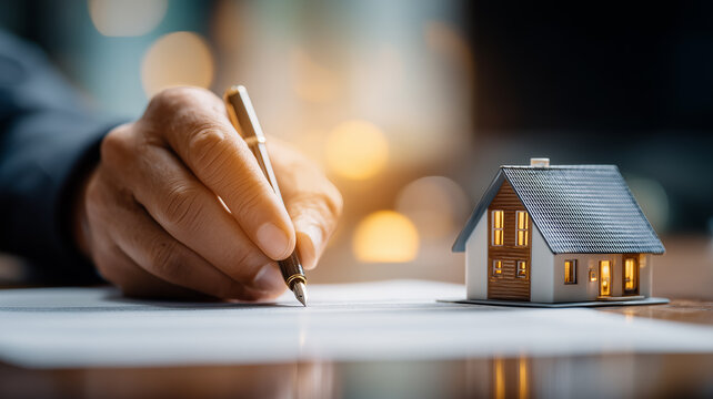 Hand signing a real estate contract beside a house model, marking mortgage approval, legal agreement and home ownership
