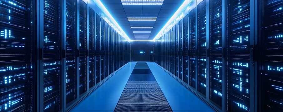 A futuristic data center featuring rows of servers illuminated by blue LED lights, showcasing advanced technology and digital infrastructure for modern computing needs.
