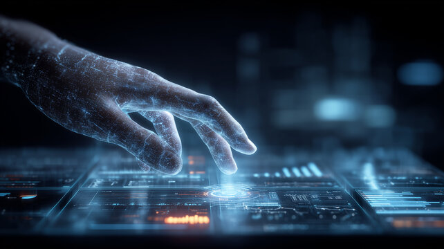 Digital hand interacting with a control dashboard, representing gesture based interface, secure command execution, and human computer collaboration for monitoring, analytics