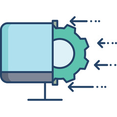 Computer screen merging with a teal green gear mechanism illustrating data processing or system integration with minimalist design and a simple stand on a white background