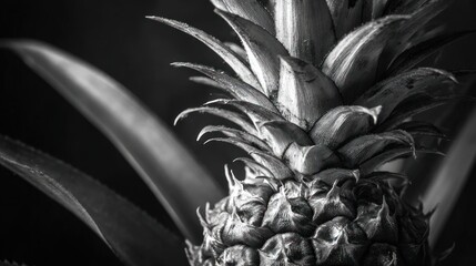Close-up view of a spiky pineapple with a leafy crown in high contrast, black and white