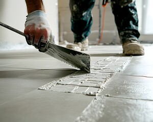 A skilled tradesman applies adhesive to a floor tile, showcasing the intricate process of flooring installation in a modern renovation