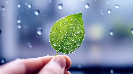 A hand holds a vibrant green leaf covered in tiny water droplets, with a backdrop of rain streaks on a windowpane.