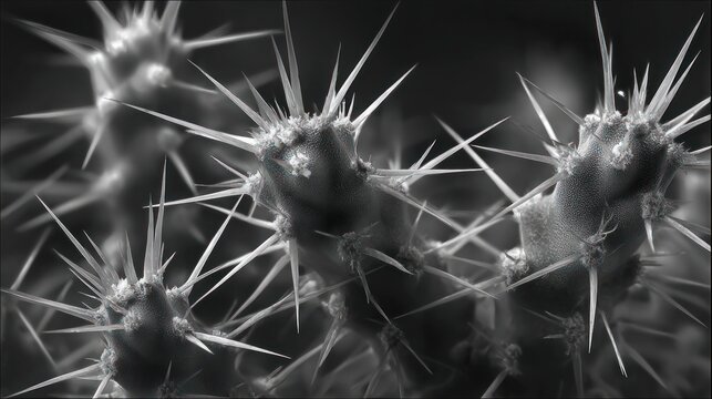 Close-up of a cactus in grayscale, sharp needles protruding menacingly