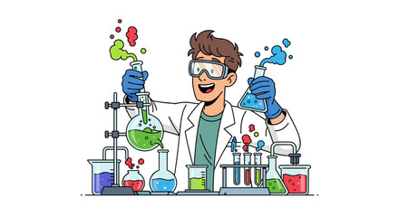 Excited Scientist Conducting Colorful Chemical Experiments in Laboratory Setup Isolated on Transparent Background