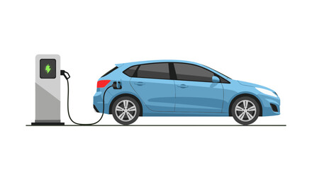Blue Electric Car Charging at Green Energy Station Isolated on Transparent Background