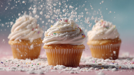 High-speed photo of mini cupcakes with white frosting and powdered sugar snow spinning mid-air with sparkling highlights against soft pastel background, shallow focus
