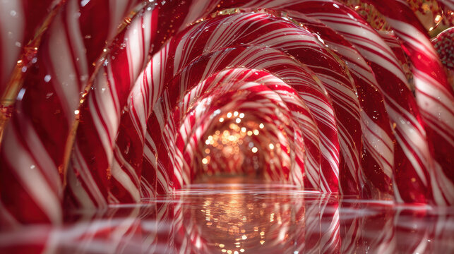 Immersive tunnel made entirely of red and white candy canes with spiraling curved stripes, glossy sugar texture and warm holiday light reflections, perspective looking toward bright glowing exit