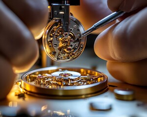 An intricate close-up of a skilled watchmaker's hands delicately assembling a mechanical watch movement