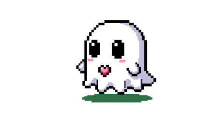 Cute pixel art ghost character with loving heart expression isolated on transparent background for game design