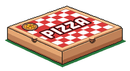 Retro Pixel Art Pizza Box with Classic Red and White Checkerboard Top Isolated on Transparent Background