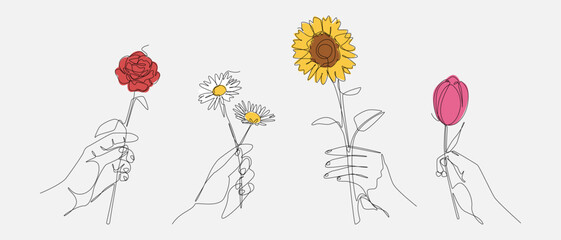 Continuous One Line Drawing of Hand Holding Flowers. Rose, Daisy, Sunflower, and Tulip. Editable Line. Vector Illustration.