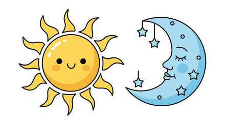 Cute happy sun and sleeping crescent moon with stars isolated on transparent background representing day and night cycle