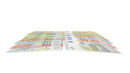 Two piles of assorted euro banknotes from one hundred to five euros arranged in neat parallel rows, isolated on a plain transparent background in a tilted studio view.