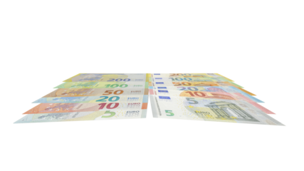 Two piles of assorted euro banknotes from one hundred to five euros arranged in neat parallel rows, isolated on a plain transparent background in a tilted studio view.