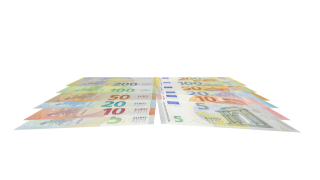 Two piles of assorted euro banknotes from one hundred to five euros arranged in neat parallel rows, isolated on a plain transparent background in a tilted studio view.