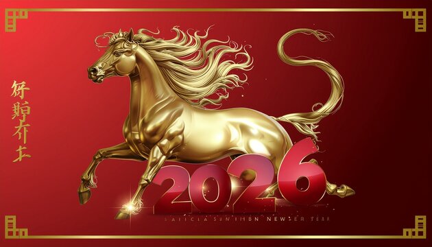 Golden horse illustration for Chinese New Year 2026 with vibrant red background and traditional details, a symbol of prosperity and good fortune, ideal for holiday cards