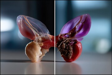 A vivid anatomical model split in half reveals detailed structures of human anatomy, providing essential visual aids for education and understanding of biological complexity.