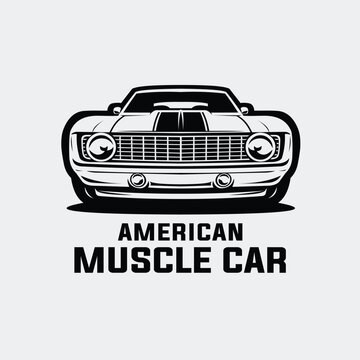 Classic american muscle car front view monochrome silhouette vector isolated