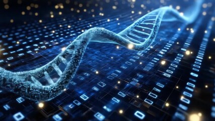 Glowing blue DNA double helix intertwines with a digital circuit grid and bokeh lights - Powered by Adobe