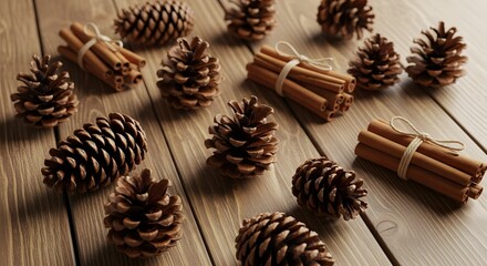 Rustic wooden table adorned with natural pine cones and fragrant cinnamon sticks, creating a warm and cozy autumn ambiance