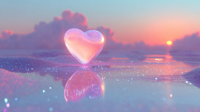 Glowing pink glass heart resting on shimmering water at sunset, dreamy pastel colors, soft reflections and magical atmosphere, romantic fantasy mood