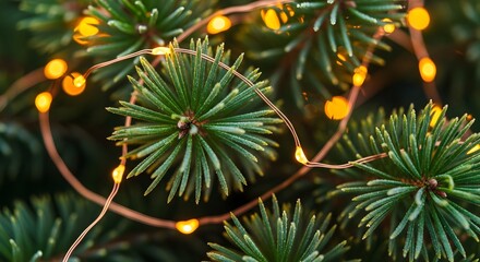 Festive glow of warm LED string lights intertwined with the fresh evergreen needles of a coniferous tree, evoking holiday cheer and a cozy winter ambiance